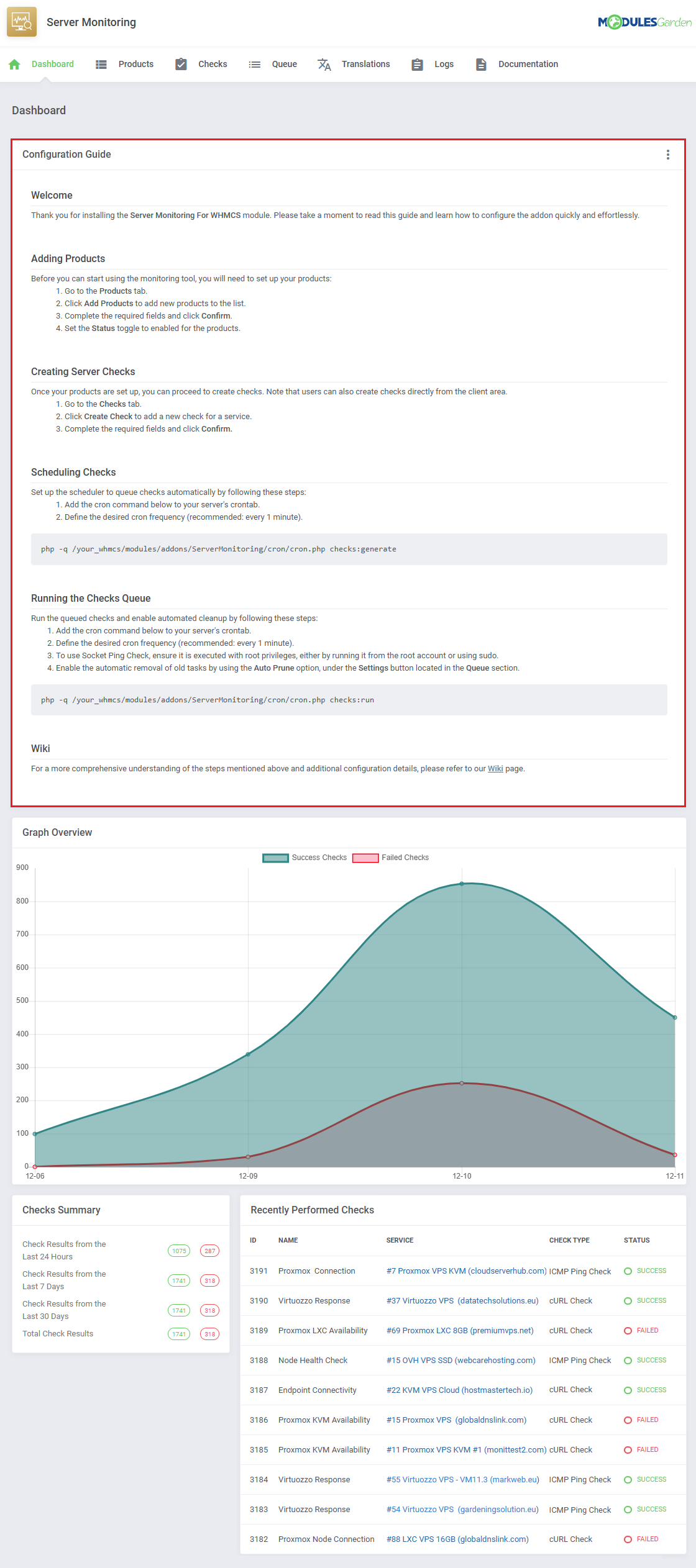 Server Monitoring For WHMCS: module dashboard with the Configuration Guide section highlighted at the top