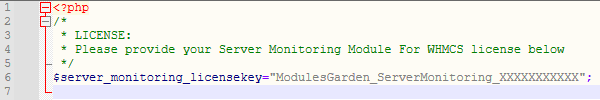 Server Monitoring For WHMCS: license.php file in a text editor with the license key variable to fill in