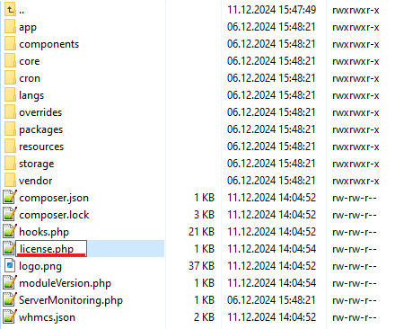 Server Monitoring For WHMCS: file manager listing of the ServerMonitoring folder with license.php highlighted