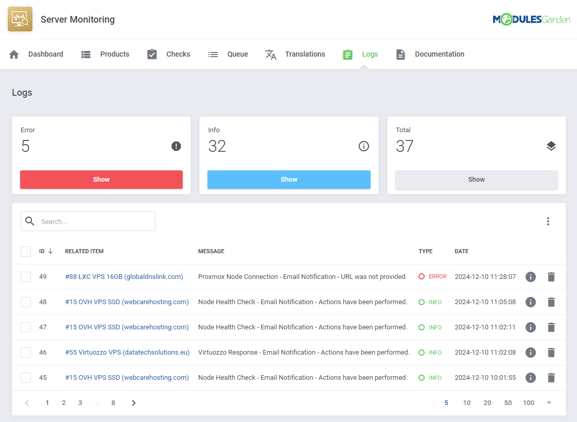 Server Monitoring For WHMCS: module Logs tab with error, info and total counters and the log entries table