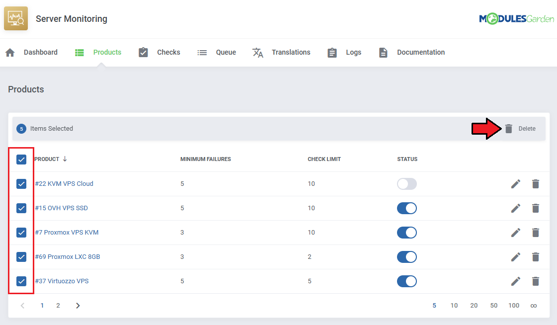 Server Monitoring For WHMCS: module Products list with all rows selected and the mass Delete button