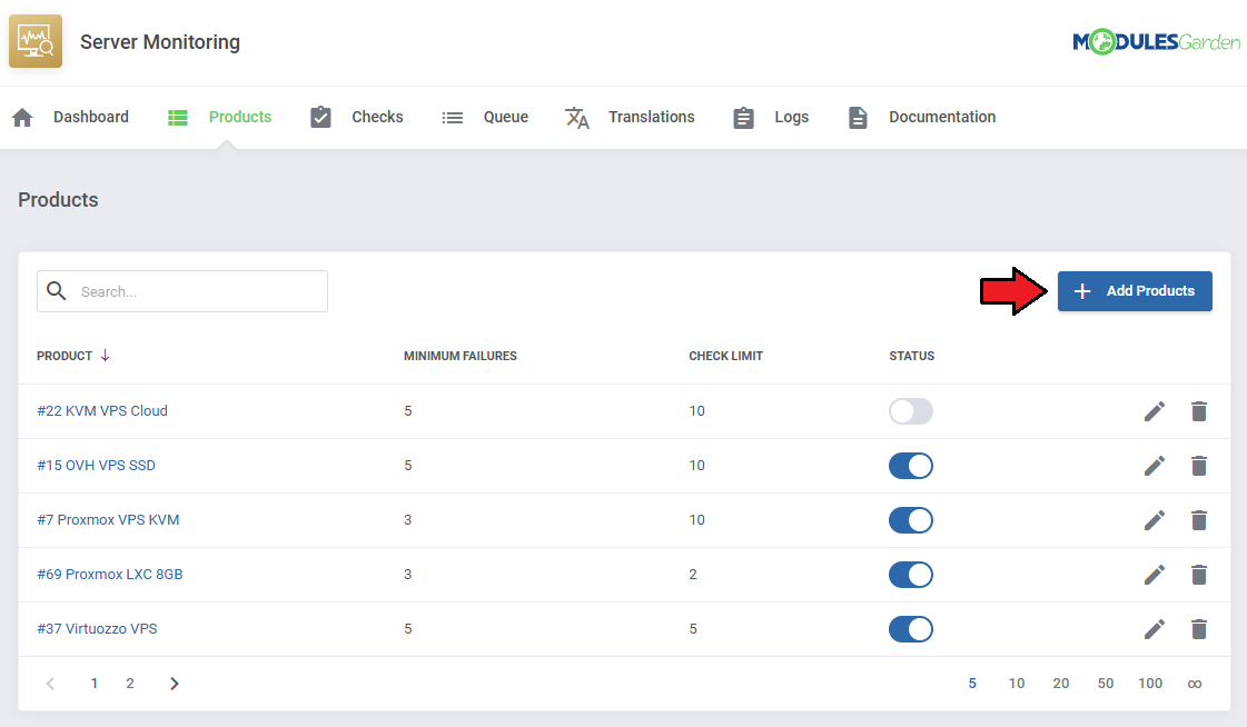 Server Monitoring For WHMCS: module Products tab with the product list and the Add Products button