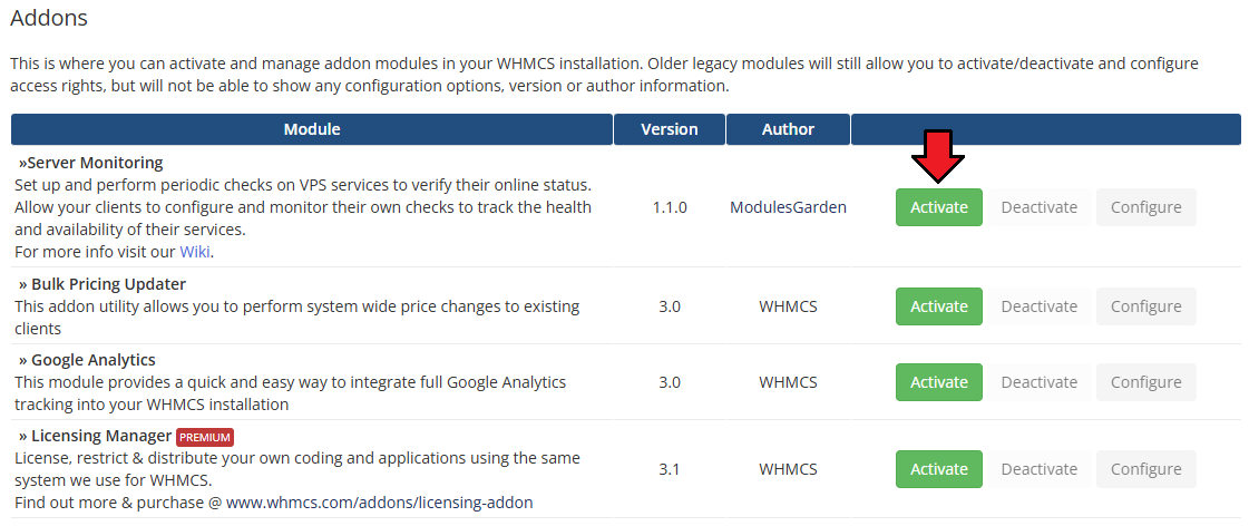 Server Monitoring For WHMCS: WHMCS Addons list with the Activate button next to Server Monitoring
