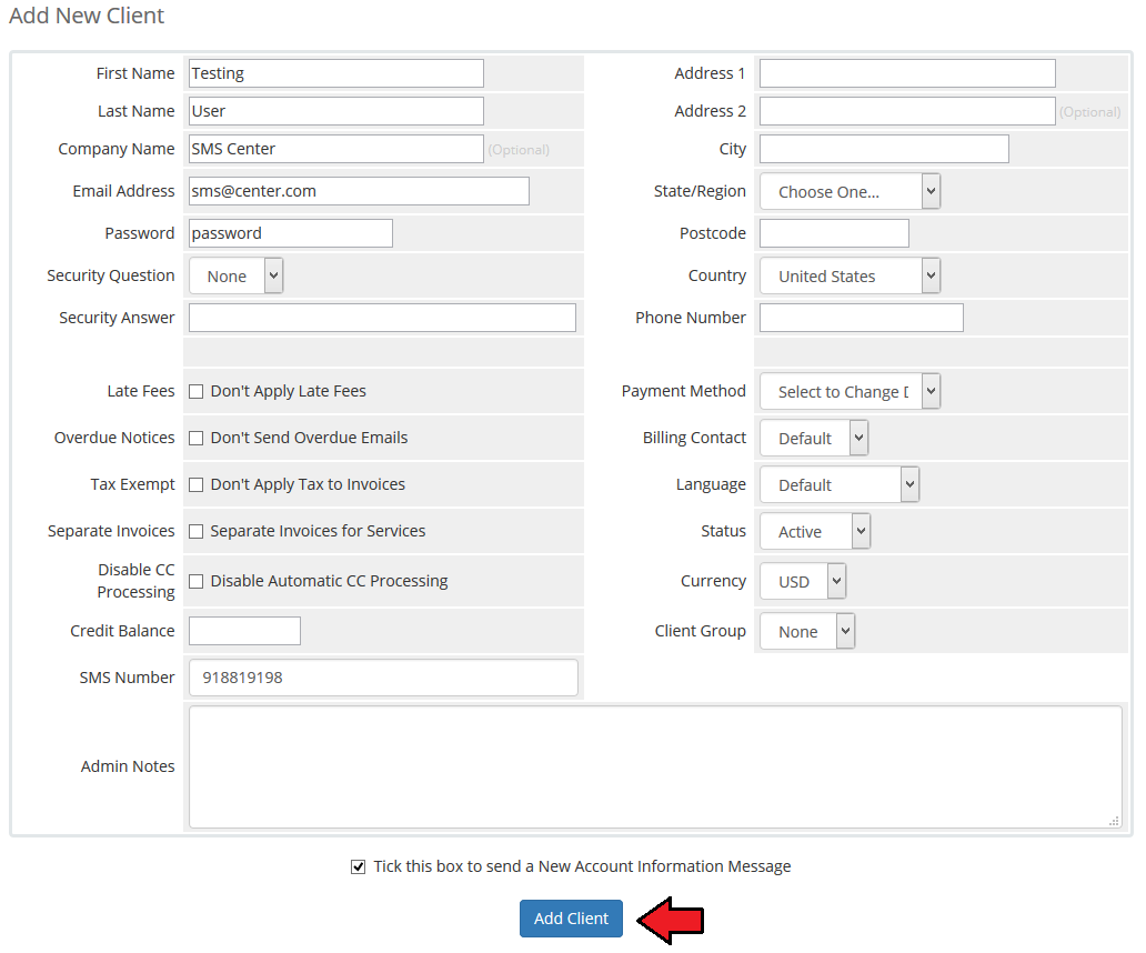 SMS Center 2.X For WHMCS: WHMCS Add New Client form with the SMS Number field and the Add Client button