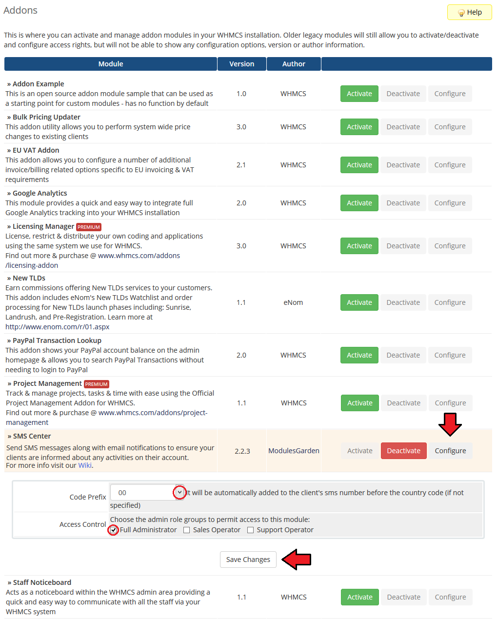 SMS Center 2.X For WHMCS: addon configuration with country code prefix, admin role access and Save Changes