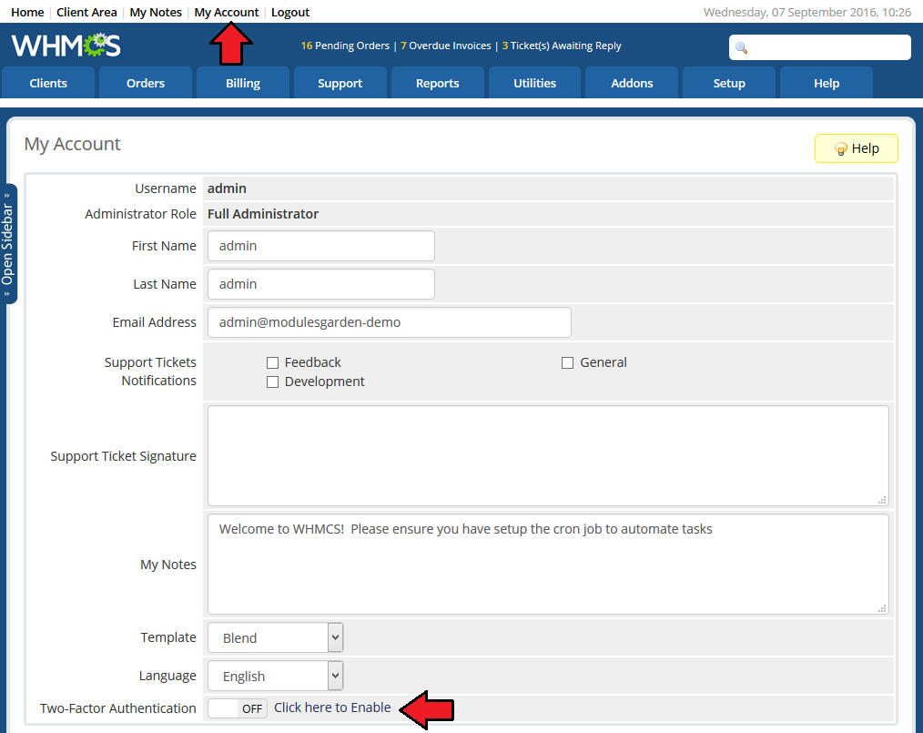 SMS Center 2.X For WHMCS: WHMCS admin My Account page with the Two-Factor Authentication switch to enable