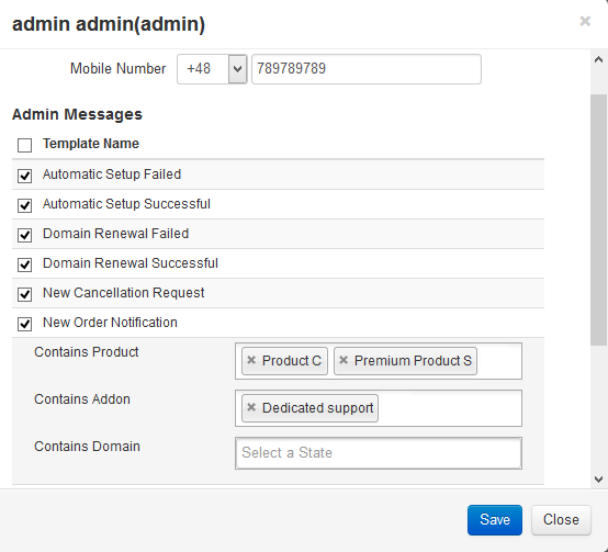 SMS Center 2.X For WHMCS: admin notification settings with mobile number, admin messages and product filters