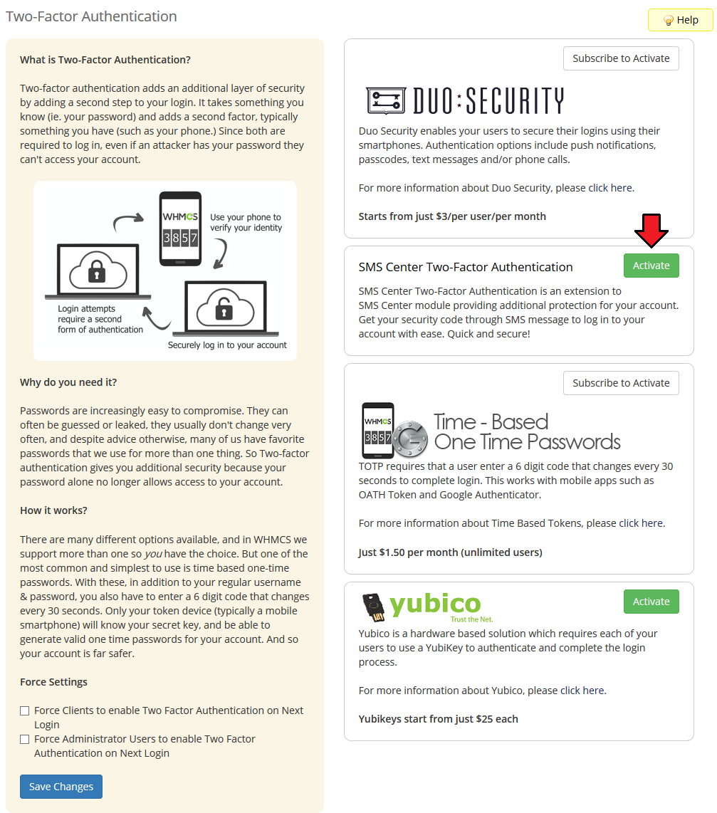 SMS Center 2.X For WHMCS: WHMCS admin Two-Factor Authentication page with the Activate button for SMS Center