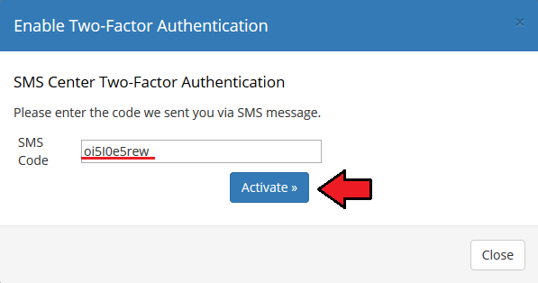SMS Center 2.X For WHMCS: WHMCS admin dialog asking for the SMS code received, with the Activate button