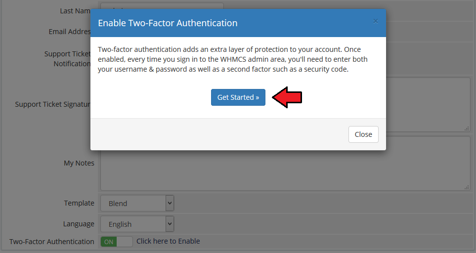 SMS Center 2.X For WHMCS: WHMCS admin Enable Two-Factor Authentication dialog with the Get Started button