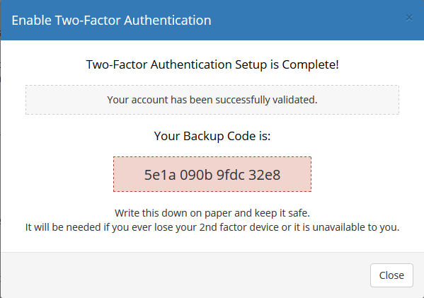 SMS Center 2.X For WHMCS: WHMCS admin dialog showing completed Two-Factor Authentication setup and a backup code