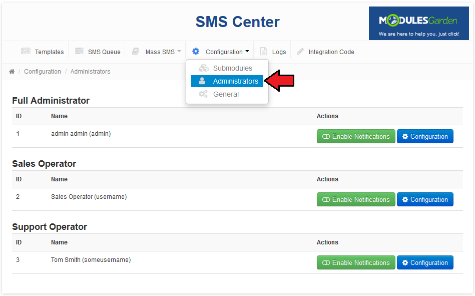 SMS Center 2.X For WHMCS: Configuration menu open with the Administrators option and the list of admin roles