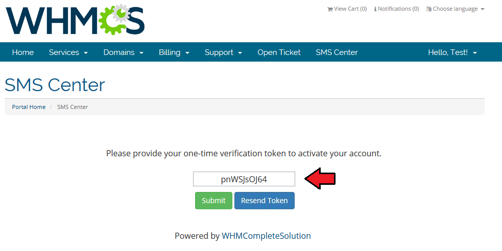 SMS Center 2.X For WHMCS: client area SMS Center page asking for the account verification token with Resend Token
