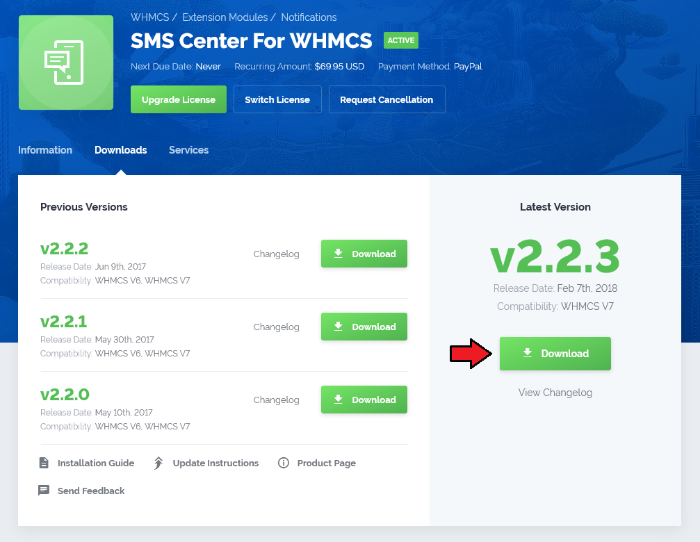 SMS Center 2.X For WHMCS: download from the client area with the latest version Download button