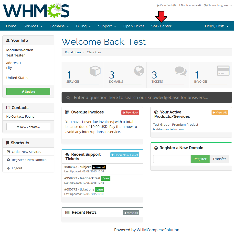 SMS Center 2.X For WHMCS: WHMCS client area home page with the SMS Center link in the top navigation menu