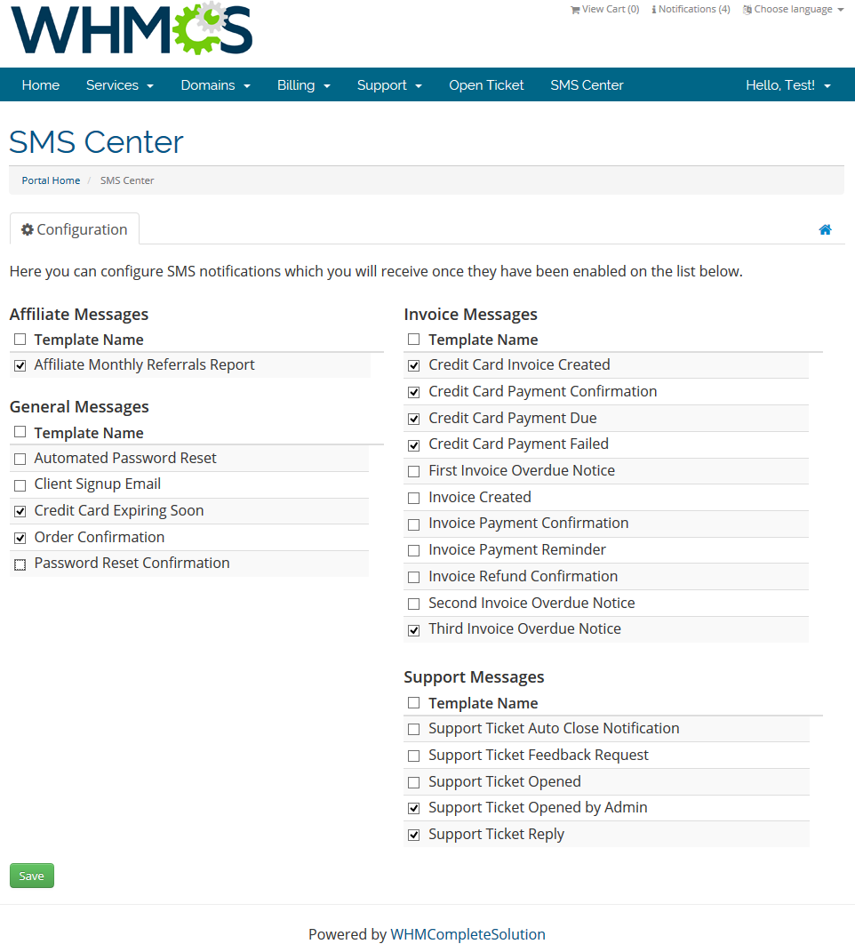 SMS Center 2.X For WHMCS: WHMCS client area SMS Center page with notification templates to enable and the Save button
