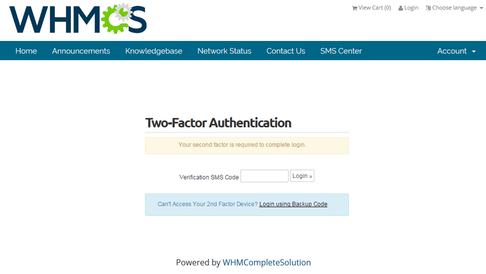 SMS Center 2.X For WHMCS: WHMCS client login page requiring the verification SMS code, with a backup code login link