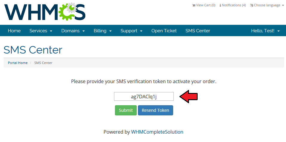 SMS Center 2.X For WHMCS: client area SMS Center page asking for the order verification token with Resend Token