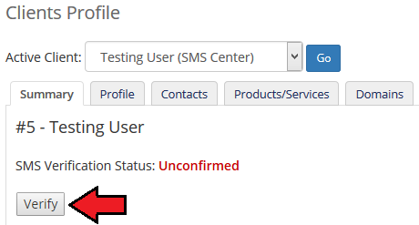 SMS Center 2.X For WHMCS: WHMCS client profile with the SMS Verification Status and the Verify button