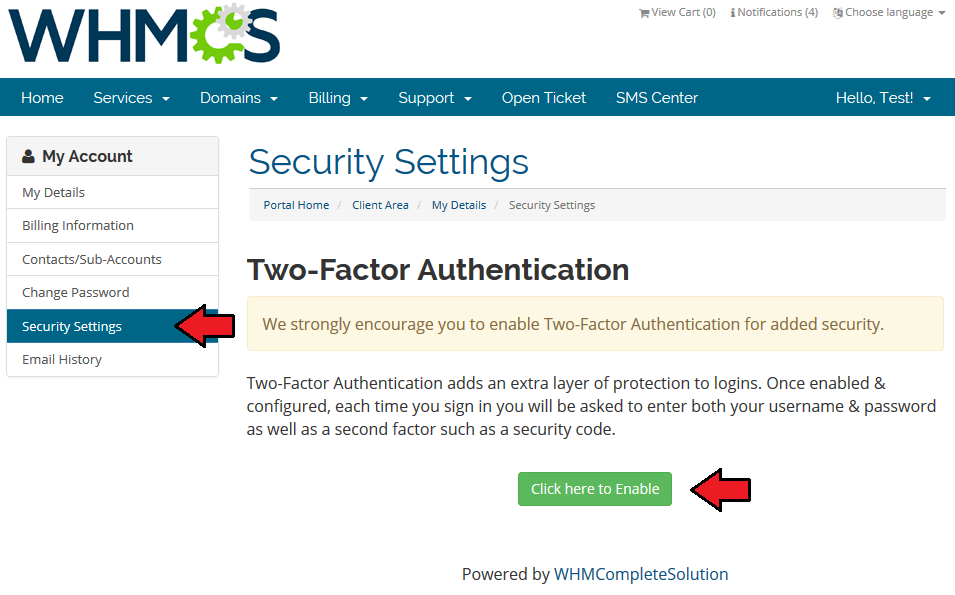 SMS Center 2.X For WHMCS: WHMCS client area Security Settings page with the Click here to Enable button