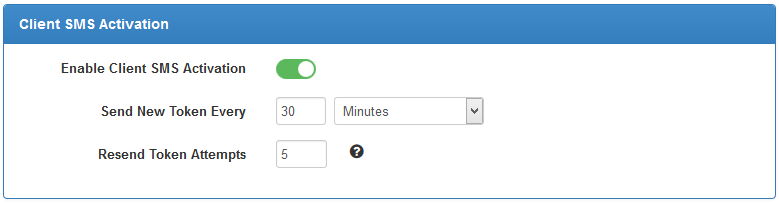 SMS Center 2.X For WHMCS: Client SMS Activation section with token interval and resend token attempts fields