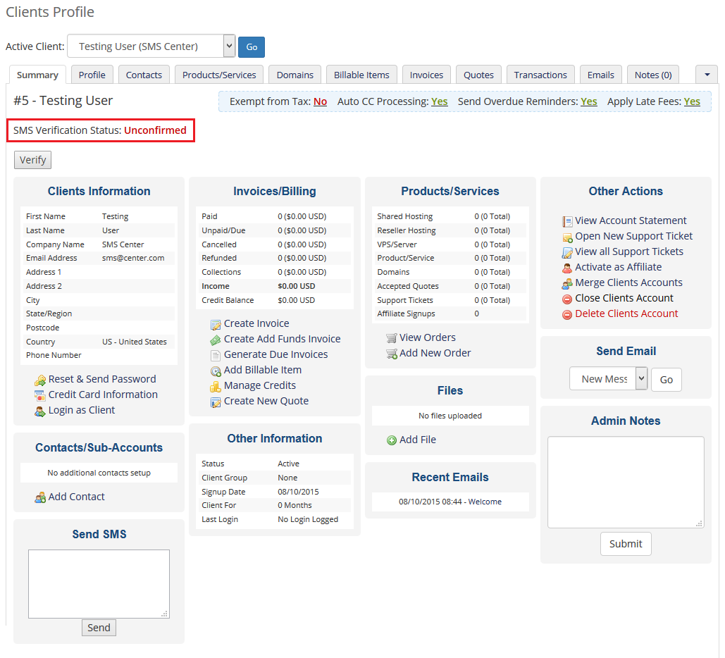SMS Center 2.X For WHMCS: WHMCS client profile showing SMS Verification Status Unconfirmed and the Verify button