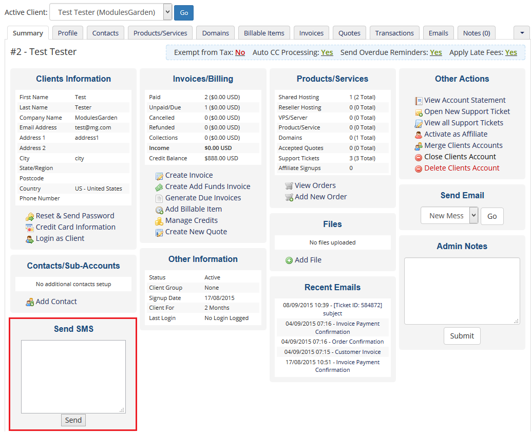SMS Center 2.X For WHMCS: WHMCS client summary page with the Send SMS box and Send button highlighted
