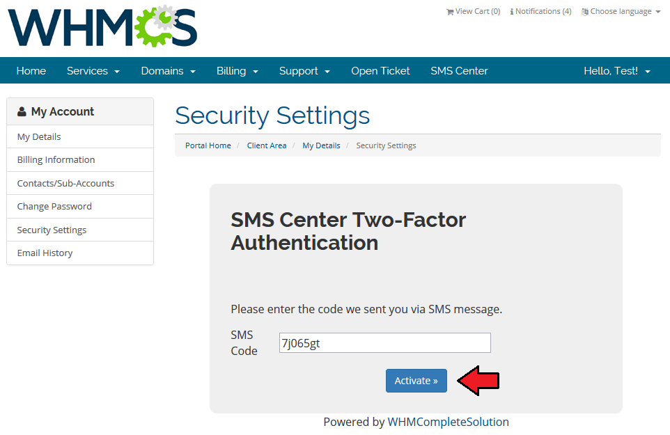 SMS Center 2.X For WHMCS: WHMCS client area form asking for the SMS code received, with the Activate button