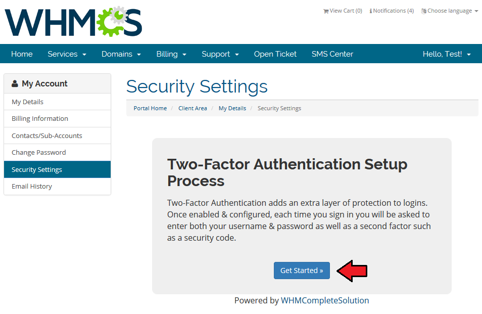 SMS Center 2.X For WHMCS: WHMCS client area Two-Factor Authentication setup page with the Get Started button