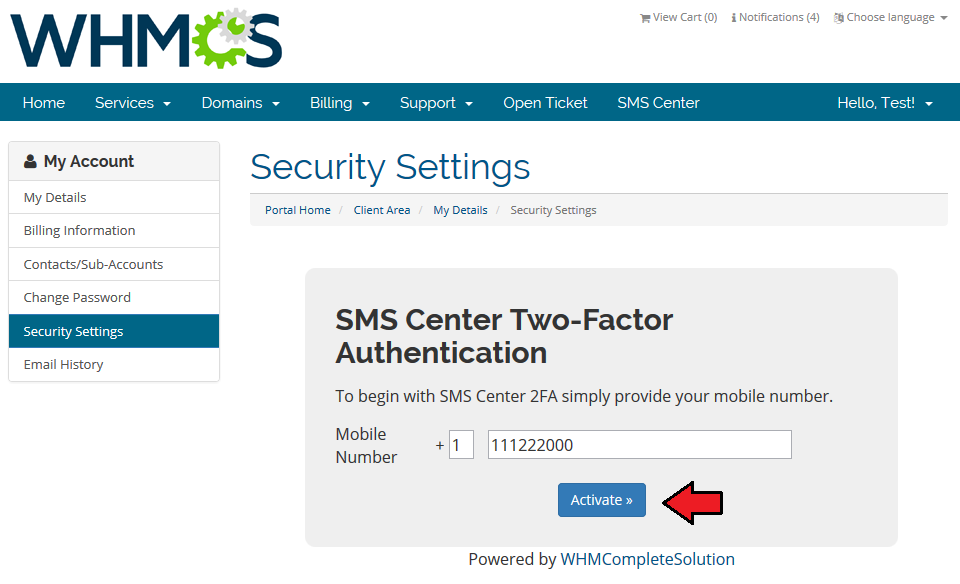 SMS Center 2.X For WHMCS: WHMCS client area SMS Center Two-Factor form asking for a mobile number with Activate button