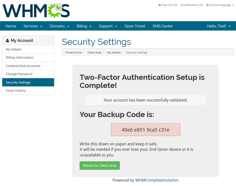 SMS Center 2.X For WHMCS: WHMCS client area message that Two-Factor Authentication setup is complete, with a backup code