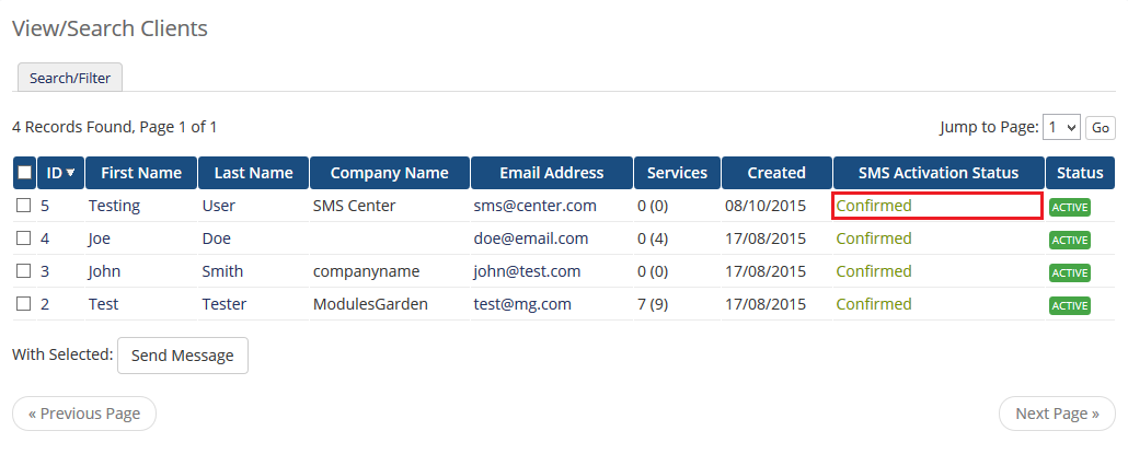 SMS Center 2.X For WHMCS: WHMCS client list with the SMS Activation Status column showing Confirmed