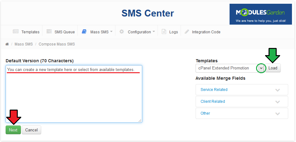 SMS Center 2.X For WHMCS: Compose Mass SMS page with the message field, template dropdown, Load and Next buttons
