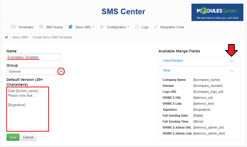 SMS Center 2.X For WHMCS: Create Mass SMS Template form with name, group, message text and merge fields
