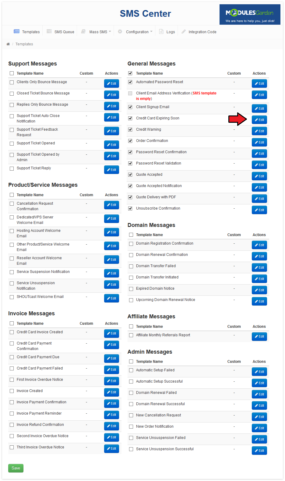 SMS Center 2.X For WHMCS: Templates page with the Edit button next to the Credit Card Expiring Soon message