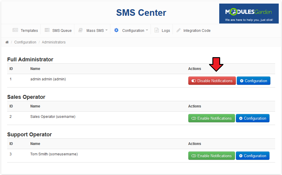 SMS Center 2.X For WHMCS: Administrators page with the Disable Notifications button for the Full Administrator