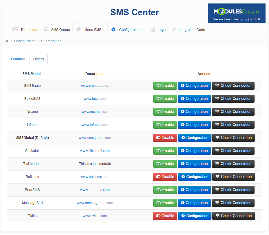 SMS Center 2.X For WHMCS: Submodules list with enabled gateways, one marked Default, showing Disable buttons