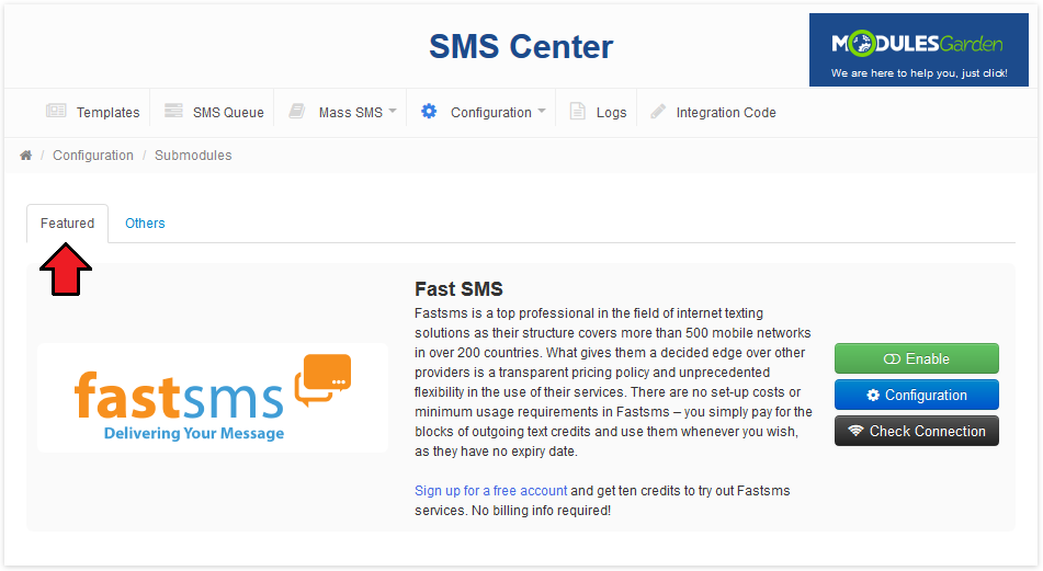SMS Center 2.X For WHMCS: Submodules page with the Featured tab and the recommended Fast SMS gateway