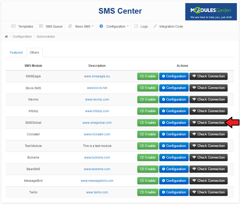 SMS Center 2.X For WHMCS: Submodules Others tab with the Check Connection button next to the SMSGlobal gateway