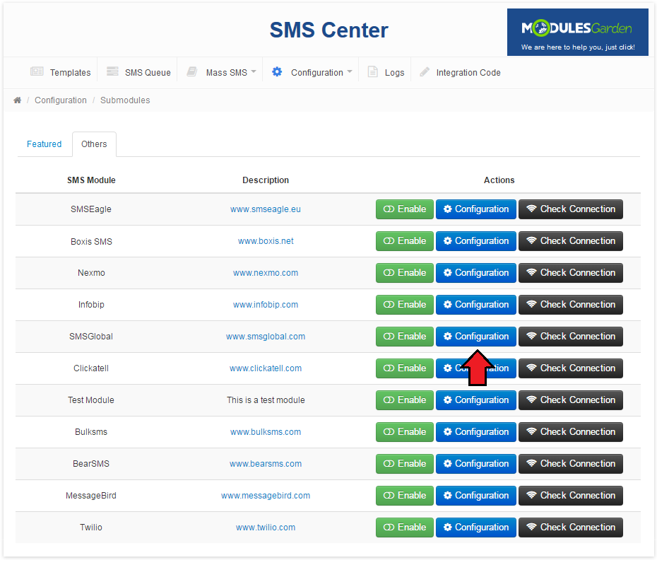 SMS Center 2.X For WHMCS: Others tab of Submodules with the Configuration button next to a gateway