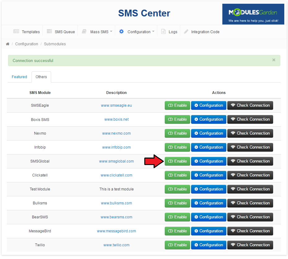 SMS Center 2.X For WHMCS: Submodules page with a Connection successful message and the Enable button for SMSGlobal