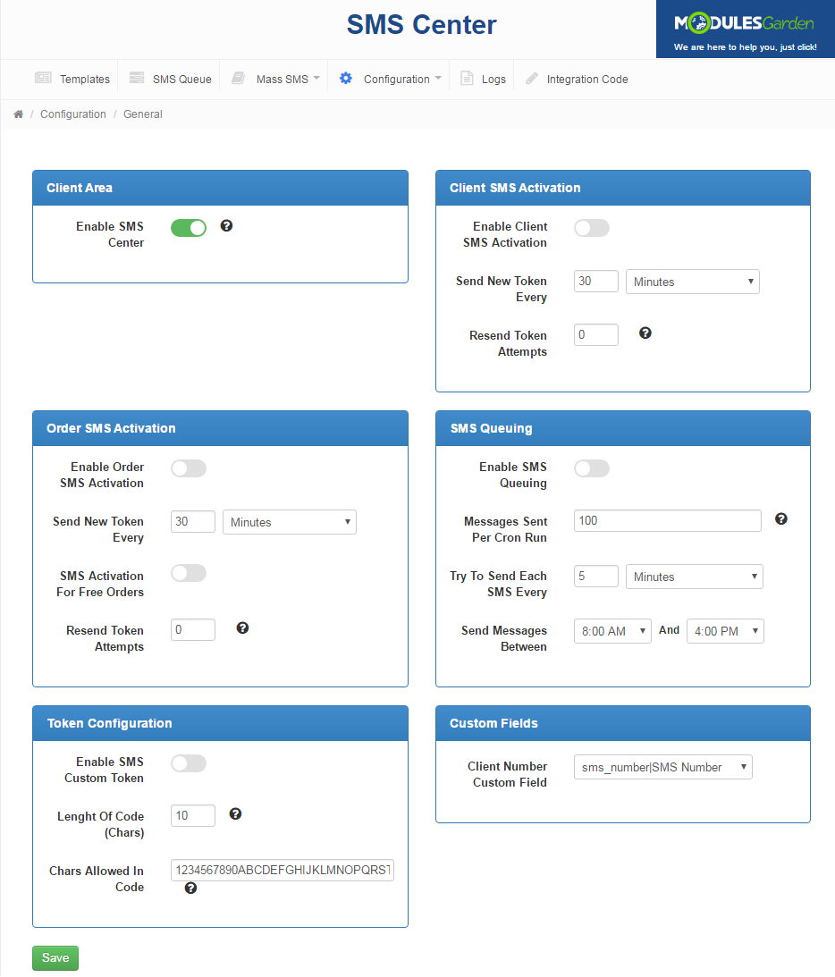 SMS Center 2.X For WHMCS: General settings page with client area, activation, queuing, token and custom field sections