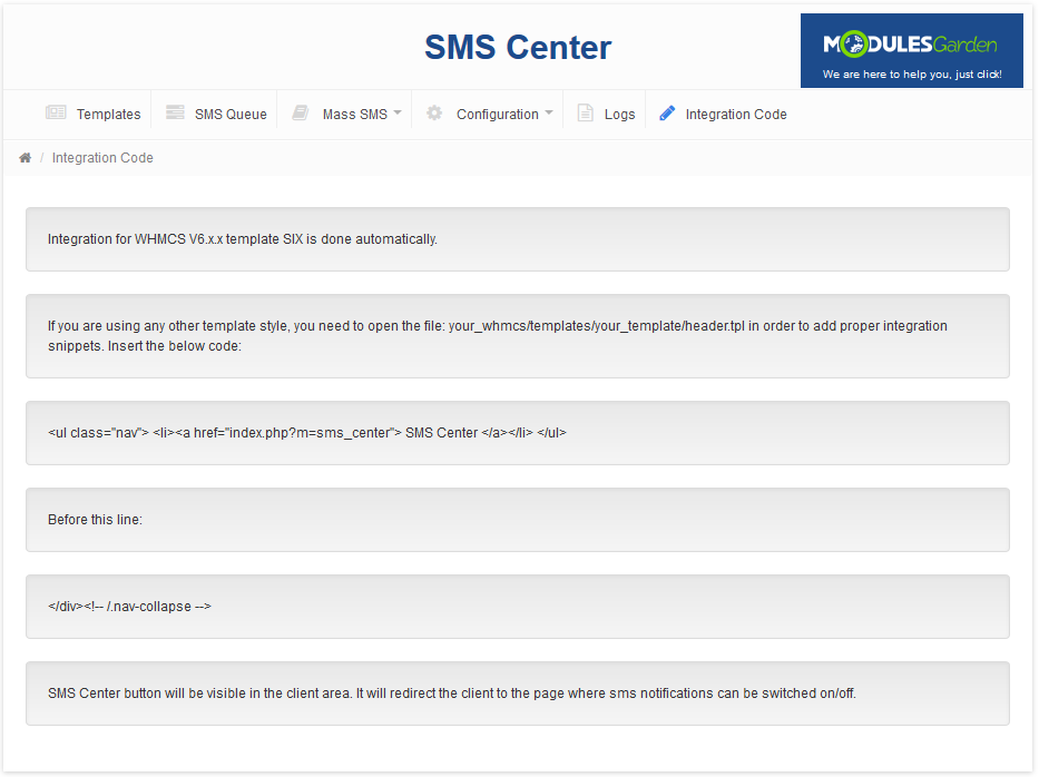 SMS Center 2.X For WHMCS: module Integration Code page with the header.tpl snippet for older WHMCS templates