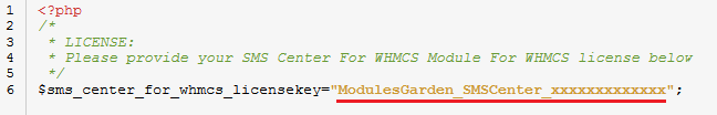 SMS Center 2.X For WHMCS: license.php file with the license key entered between quotation marks
