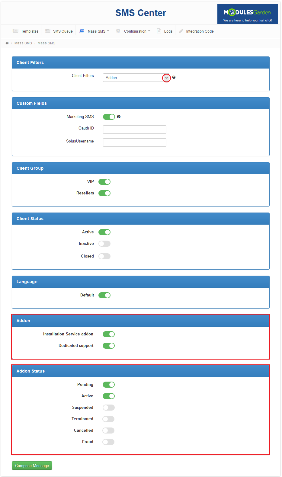 SMS Center 2.X For WHMCS: Mass SMS configuration with the Addon client filter and the Addon and Addon Status sections