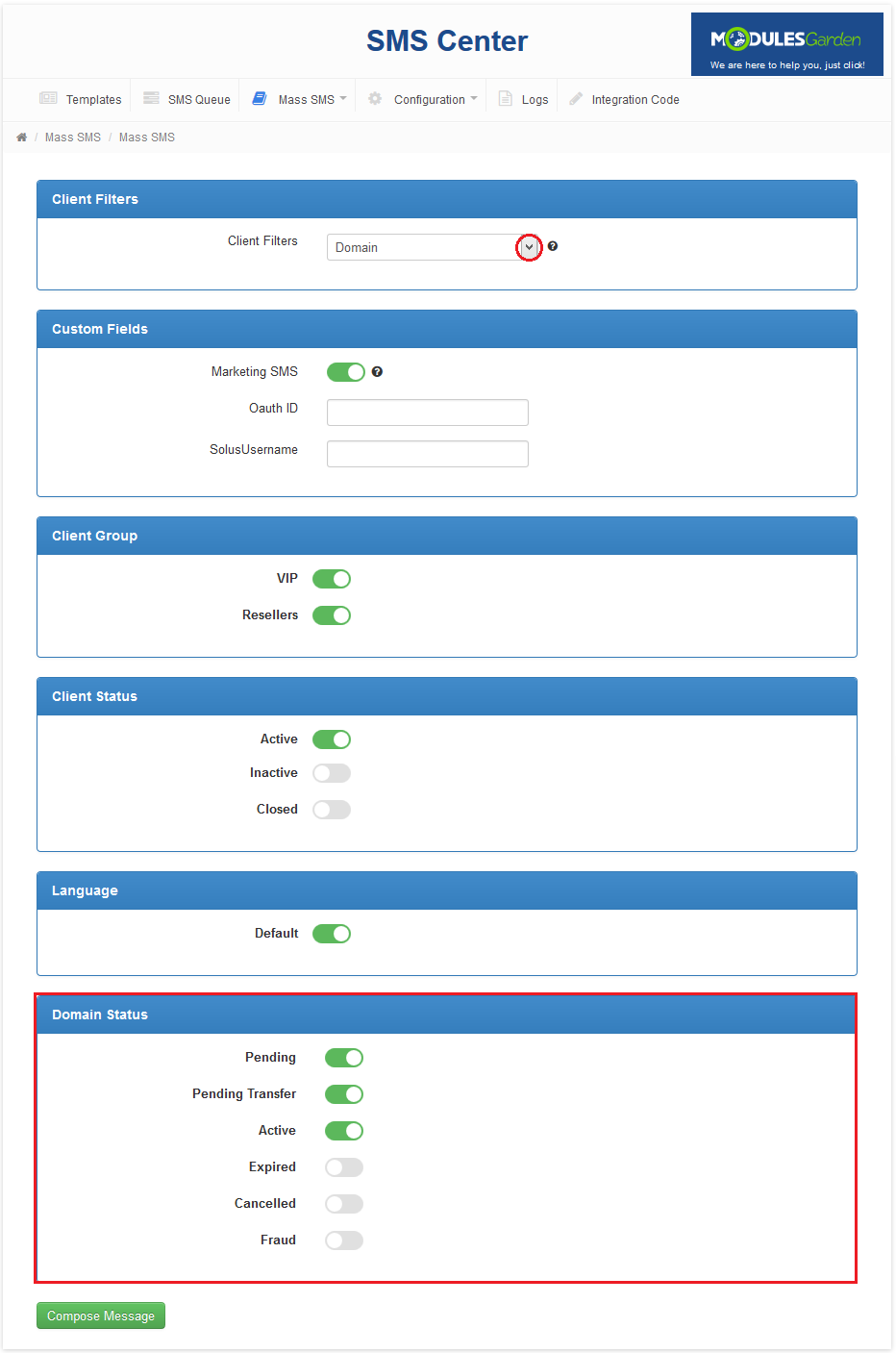 SMS Center 2.X For WHMCS: Mass SMS configuration with the Domain client filter and the Domain Status section