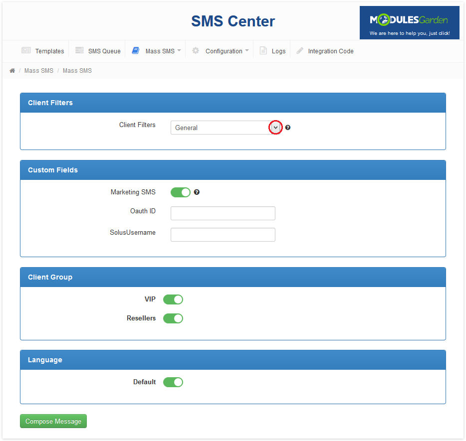 SMS Center 2.X For WHMCS: Mass SMS configuration with the General client filter, custom fields, client group and