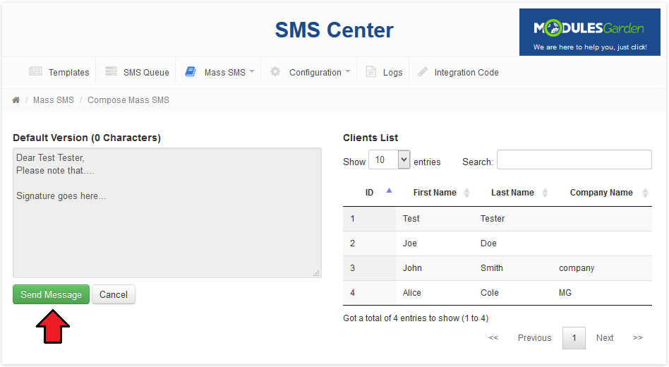 SMS Center 2.X For WHMCS: Compose Mass SMS preview with the final message, clients list and Send Message button