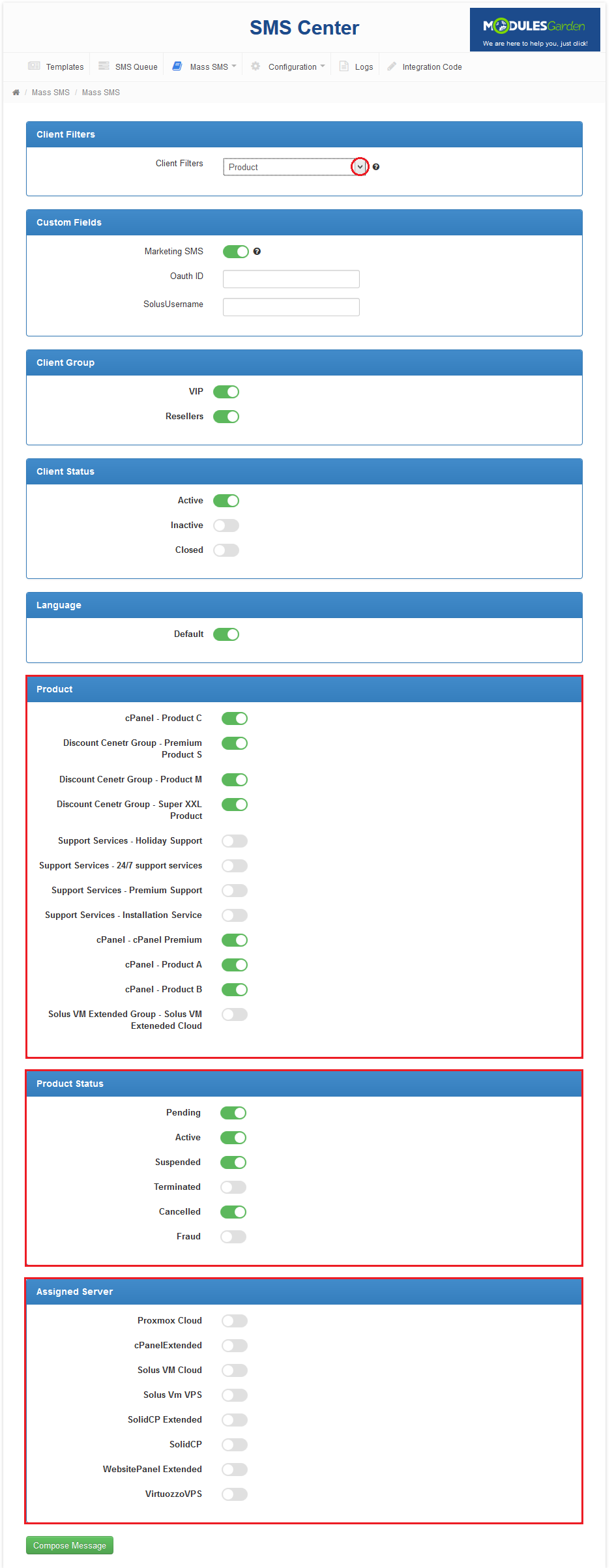 SMS Center 2.X For WHMCS: Mass SMS configuration with the Product filter, Product Status and Assigned Server sections