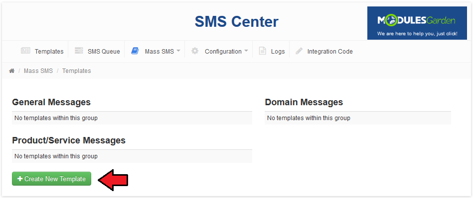 SMS Center 2.X For WHMCS: Mass SMS Templates page with empty groups and the Create New Template button